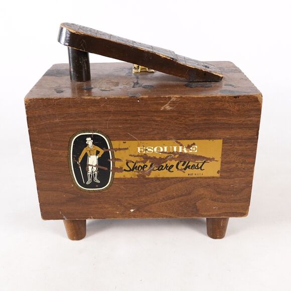 Esquire Shoe Shine Care Wood Chest Box Shoe Polish Kit Foot Rest w/ Brushes - Picture 3 of 14